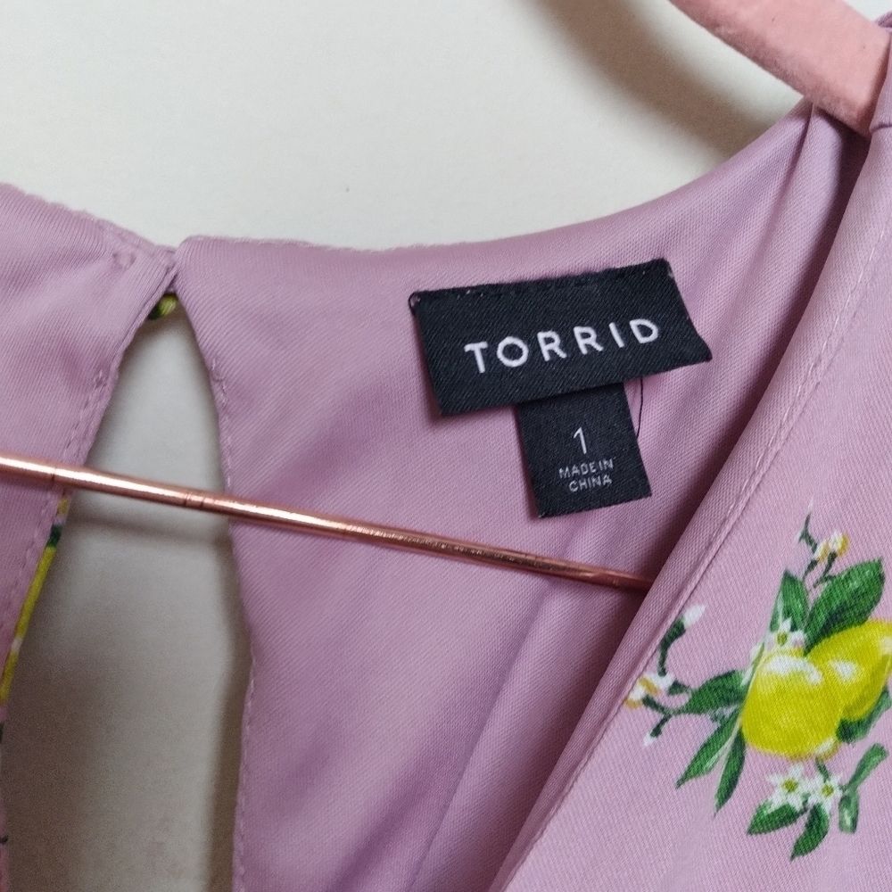 Torrid Purple Short Sleeve V Neck Lemon Print Midi Button Front Dress Size 1 1X - Picture 6 of 13